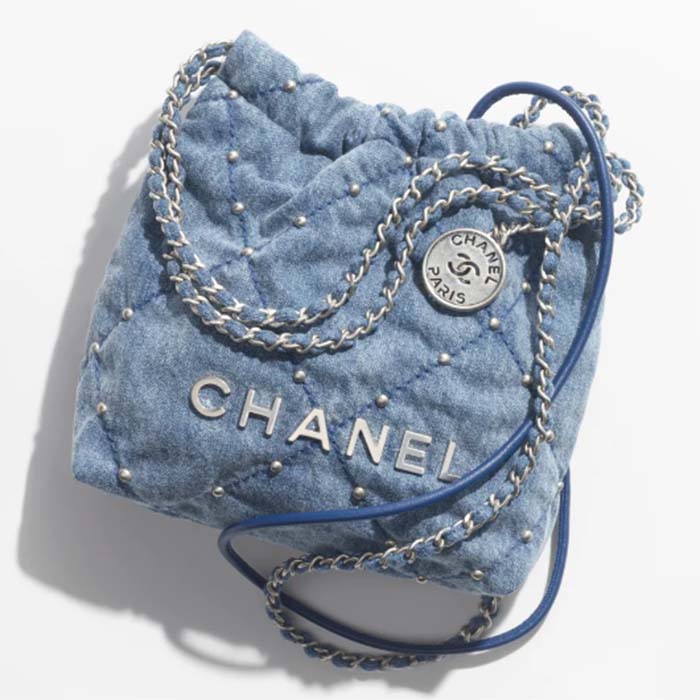 Chanel Women CC 22 Mini Handbag Washed Denim Silver-Tone Metal Blue