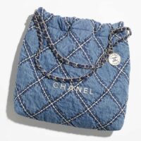 Chanel Women CC 22 Small Handbag Stitched Denim Silver Metal Blue (12)