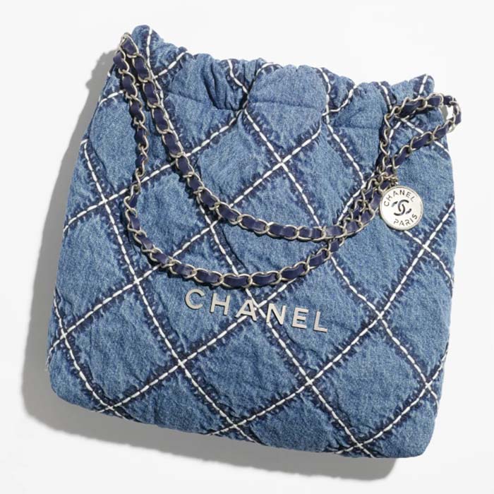 Chanel Women CC 22 Small Handbag Stitched Denim Silver Metal Blue