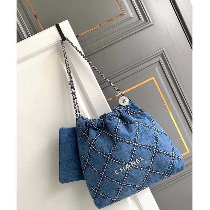 Chanel Women CC 22 Small Handbag Stitched Denim Silver Metal Blue
