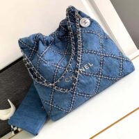 Chanel Women CC 22 Small Handbag Stitched Denim Silver Metal Blue (12)