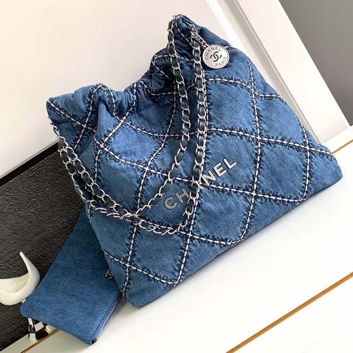 Chanel Women CC 22 Small Handbag Stitched Denim Silver Metal Blue