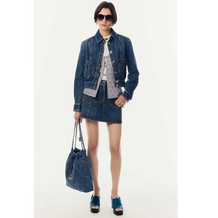 Chanel Women CC 22 Small Handbag Stitched Denim Silver Metal Blue