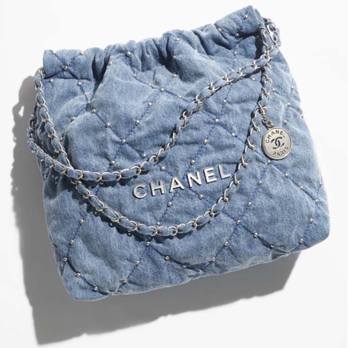 Chanel Women CC 22 Small Handbag Washed Denim Silver-Tone Metal Blue