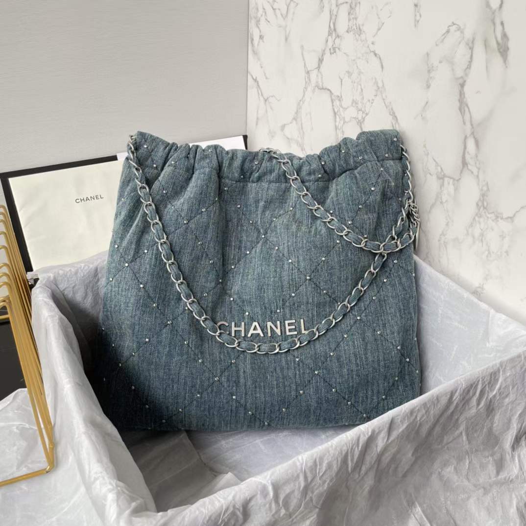 Chanel Women CC 22 Small Handbag Washed Denim Silver-Tone Metal Blue