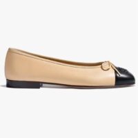 Chanel Women CC Ballet Flats Lambskin Beige Black 1 CM Heel (8)