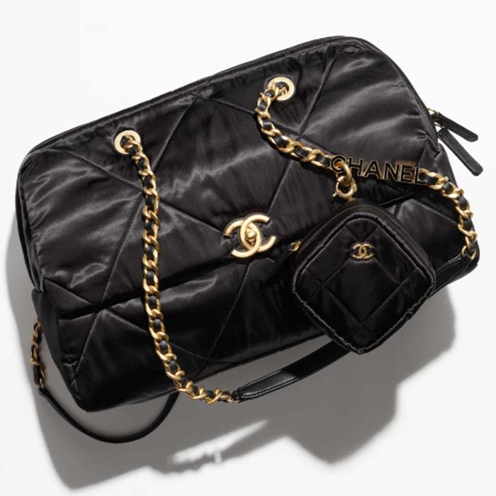 Chanel Women CC Large Bowling Bag Satin Gold-Tone Metal Black
