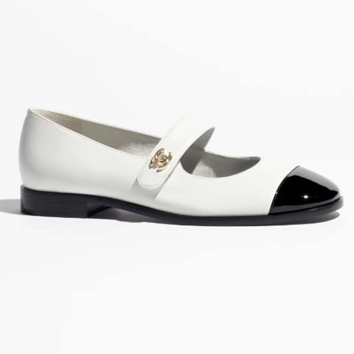 Chanel Women CC Mary Janes Patent Calfskin White Black 2 CM Heel