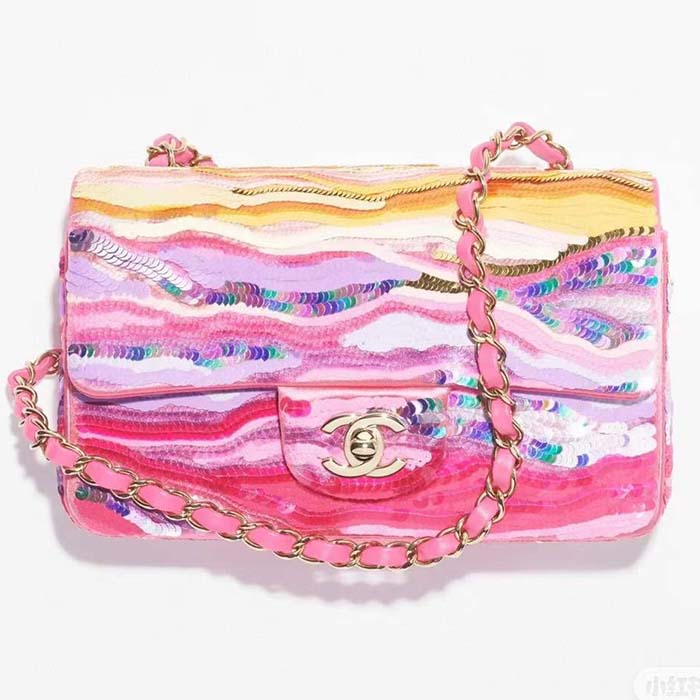 Chanel Women CC Mini Flap Bag Embroidered Satin Sequins Pink