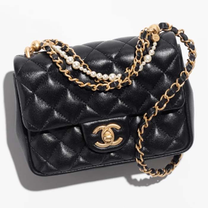 Chanel Women CC Mini Flap Bag Shiny Lambskin Imitation Pearls Black