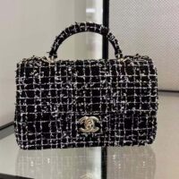Chanel Women CC Mini Flap Bag Top Handle Sequin Tweed Black (9)