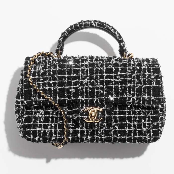 Chanel Women CC Mini Flap Bag Top Handle Sequin Tweed Black