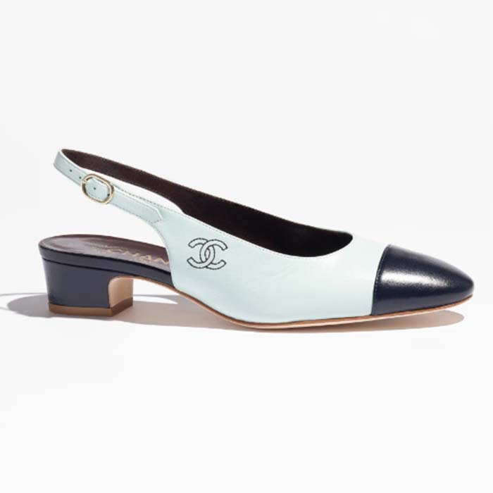 Chanel Women CC Slingbacks Calfskin Turquoise Dark Navy Blue