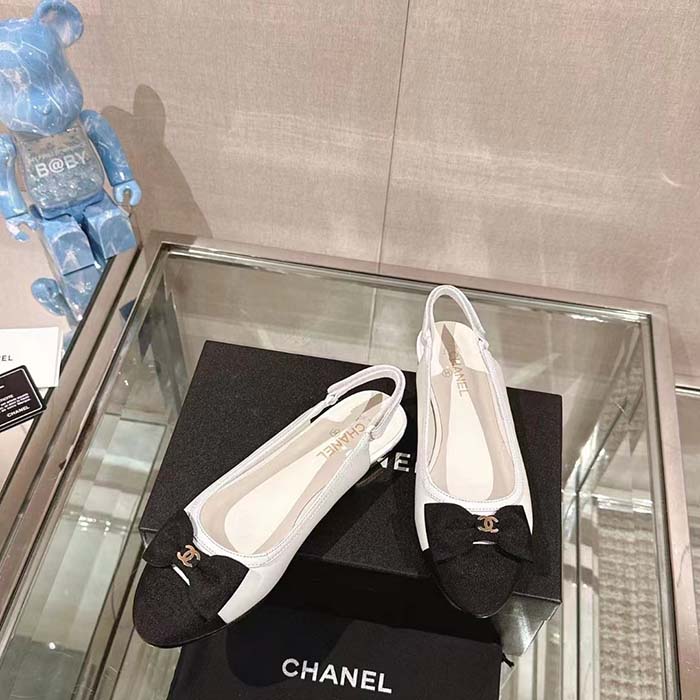 Chanel Women CC Slingbacks Lambskin Grosgrain White Black 1.5 CM Heel