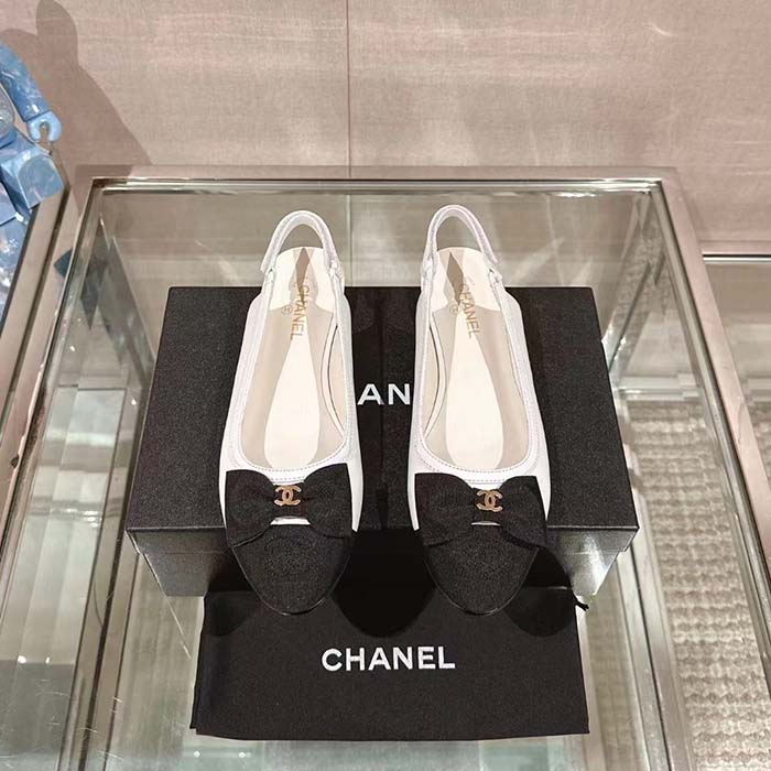 Chanel Women CC Slingbacks Lambskin Grosgrain White Black 1.5 CM Heel