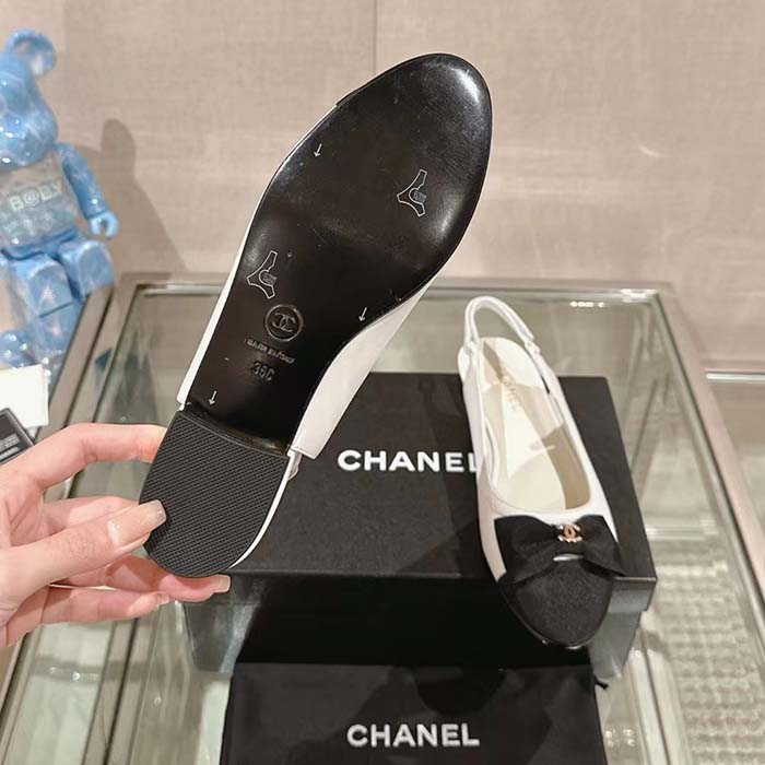 Chanel Women CC Slingbacks Lambskin Grosgrain White Black 1.5 CM Heel