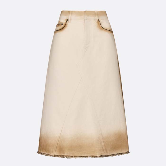Dior CD Women Flared Mid-Length Skirt White Burned-Effect Cotton Denim