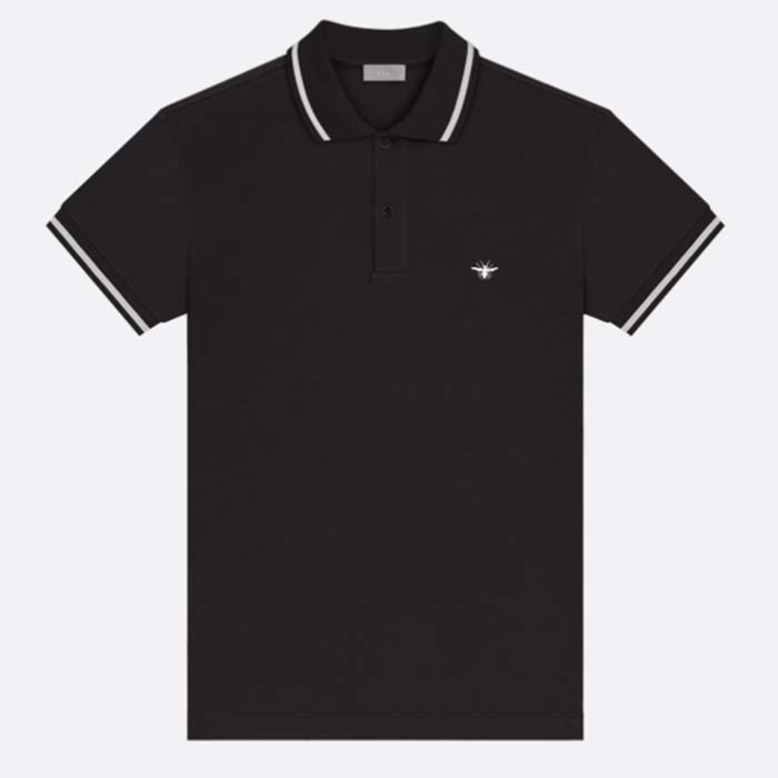 Dior Men CD Polo Shirt Bee Embroidery Black Cotton Piqué