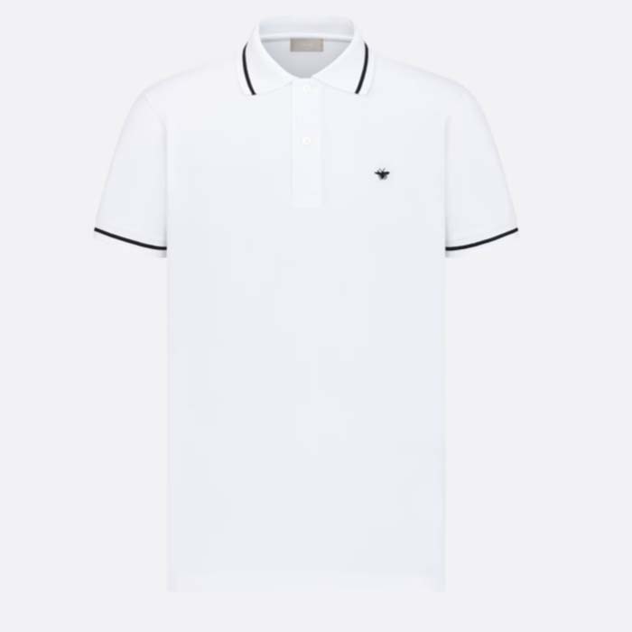 Dior Men CD Polo Shirt Bee Embroidery White Cotton Piqué