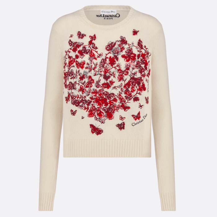 Dior Women CD Embroidered Sweater Red Cashmere Knit Le Cœur