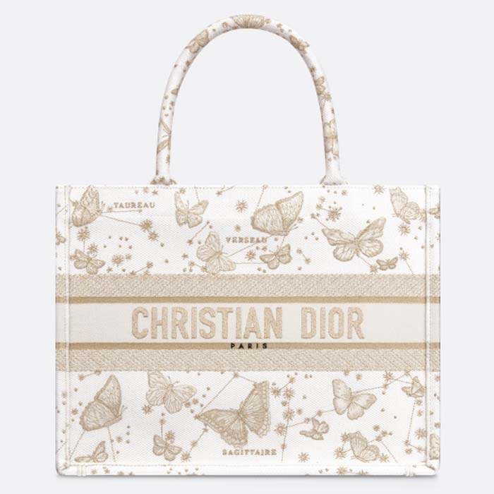 Dior Women CD Medium Dior Book Tote White Butterfly Zodiac Embroidery
