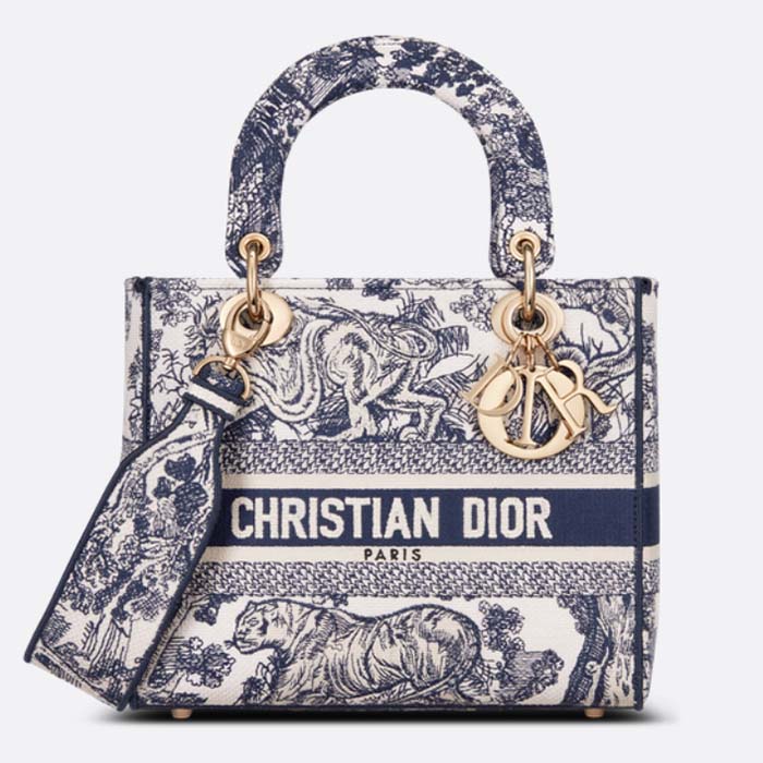 Dior Women CD Medium Lady D-Lite Bag Blue Toile De Jouy Embroidery