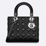 Dior Damen CD Medium Lady Dior Tasche Schwarzes Cannage Lammleder Silber