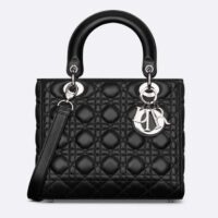 Dior Women CD Medium Lady Dior Bag Black Cannage Lambskin Silver (9)