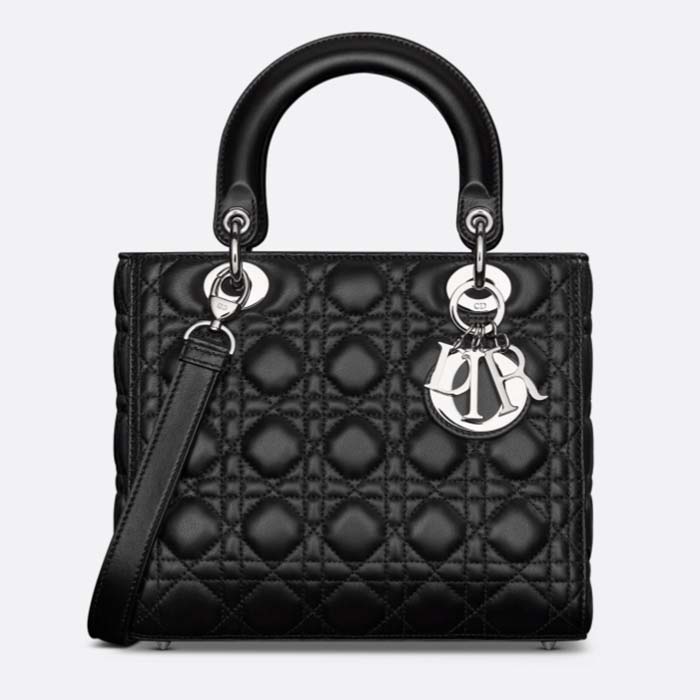 Dior Women CD Medium Lady Dior Bag Black Cannage Lambskin Silver