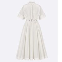 Dior Women CD Mid-Length Belted Macrocannage Dress Ecru Cotton