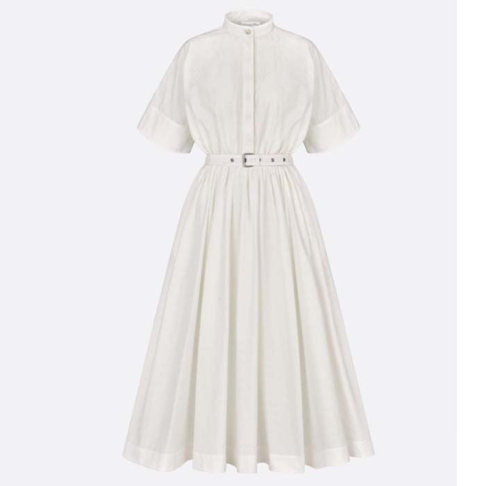 Dior Women CD Mid-Length Belted Macrocannage Dress Ecru Cotton
