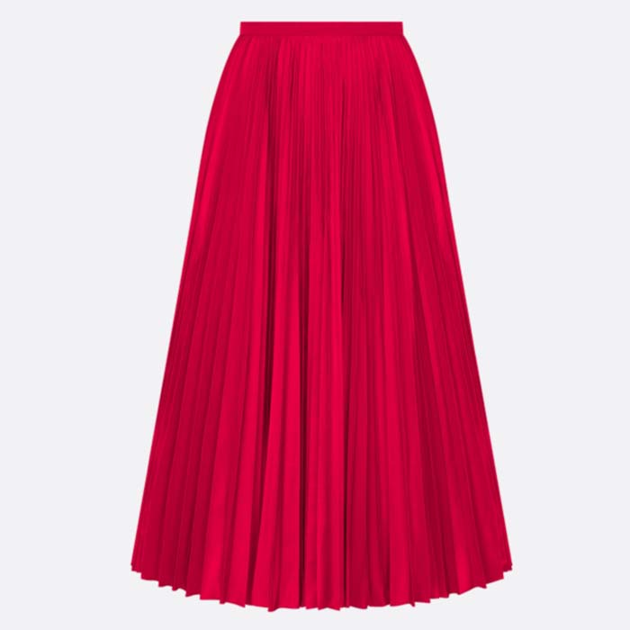 Dior Women CD Mid-Length Pleated Skirt Amaryllis Red Silk Taffeta