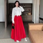 Dior Women CD Mid-Length Pleated Skirt Amaryllis Red Silk Taffeta - immagine 12