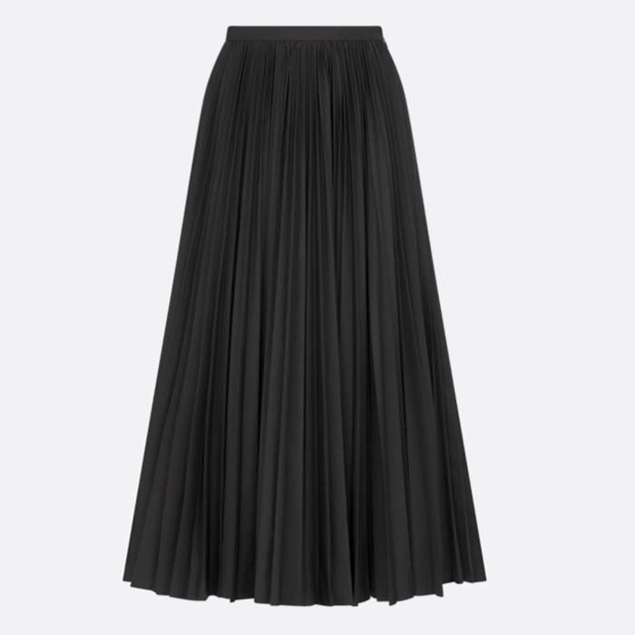 Dior Women CD Mid-Length Pleated Skirt Black Cotton Silk Poplin