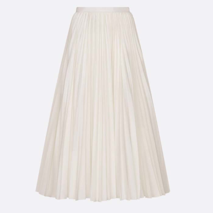 Dior Women CD Mid-Length Pleated Skirt Ecru Cotton Silk Poplin
