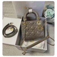 Dior Women CD Mini Lady Dior Bag Stone Gray Cannage Lambskin (5)