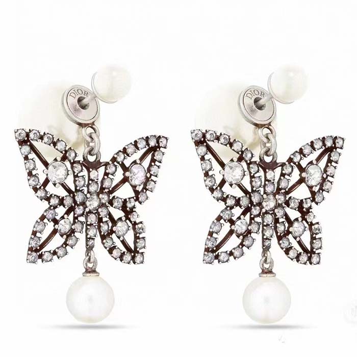 Dior Women CD Papillon De Nuit Earrings Antique Silver Metal Pearls