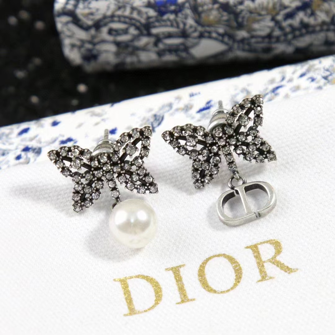 Dior Women CD Papillon De Nuit Earrings Silver Metal Pearls
