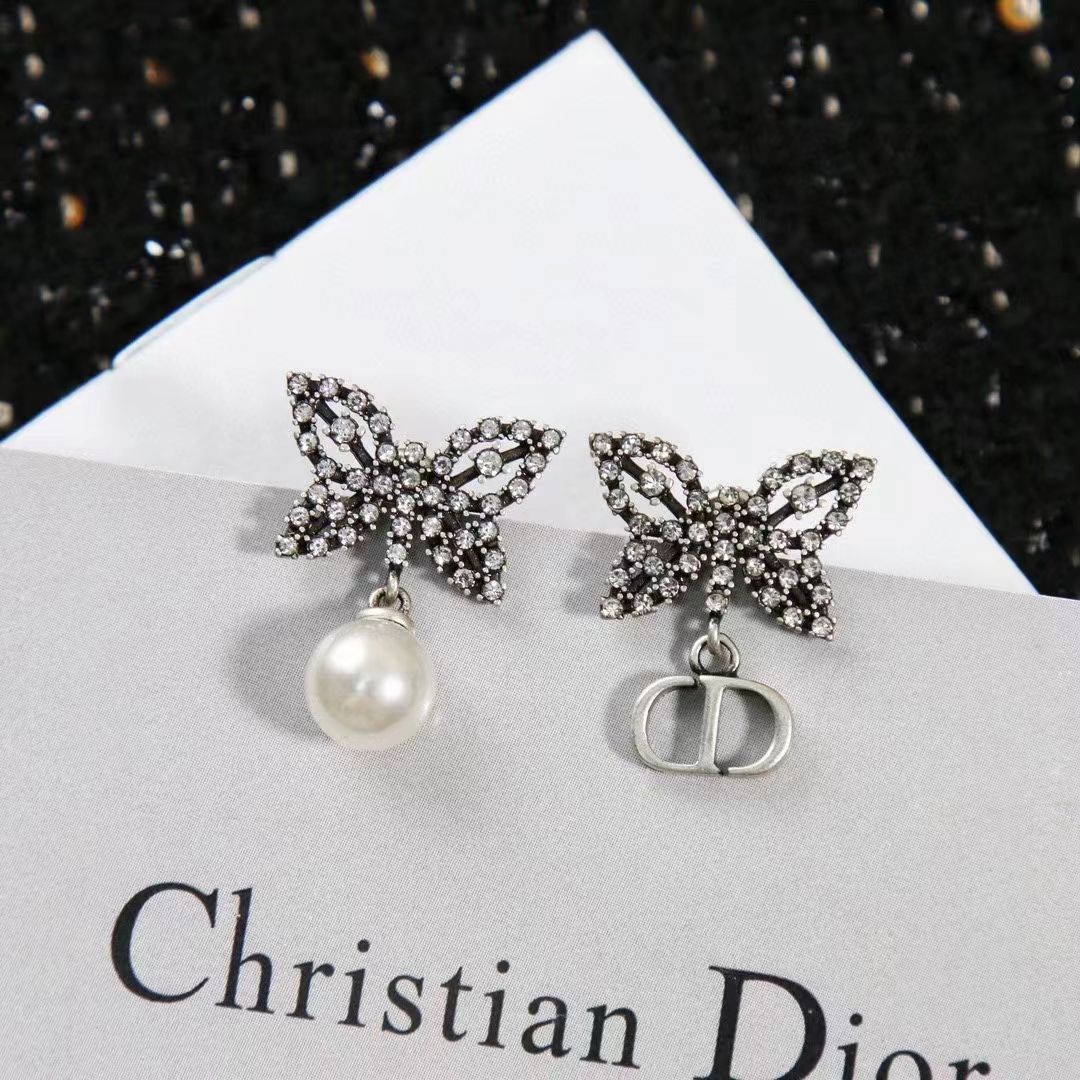 Dior Women CD Papillon De Nuit Earrings Silver Metal Pearls