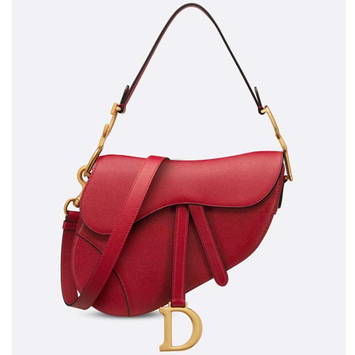 Dior Women CD Saddle Bag Strap Amaryllis Red Grained Calfskin