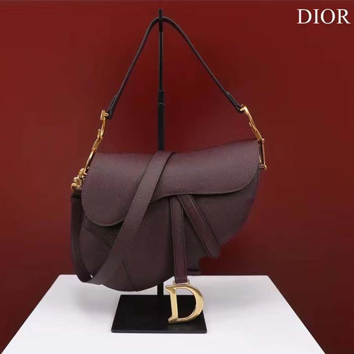 Dior Women CD Saddle Bag Strap Burgundy Grained Calfskin