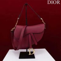 Dior Women CD Saddle Bag Strap Amaryllis Red Grained Calfskin (10)