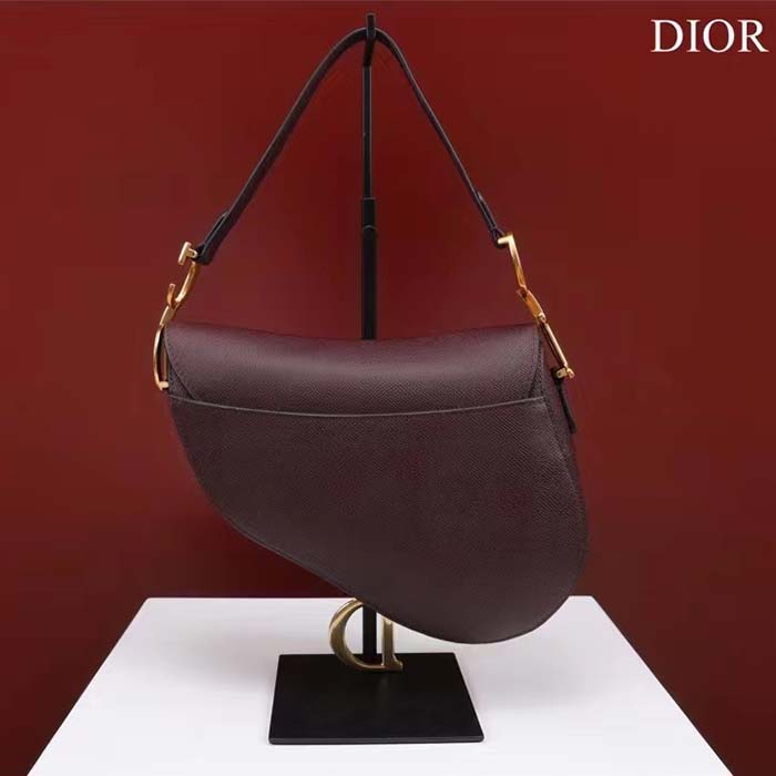 Dior Women CD Saddle Bag Strap Burgundy Grained Calfskin