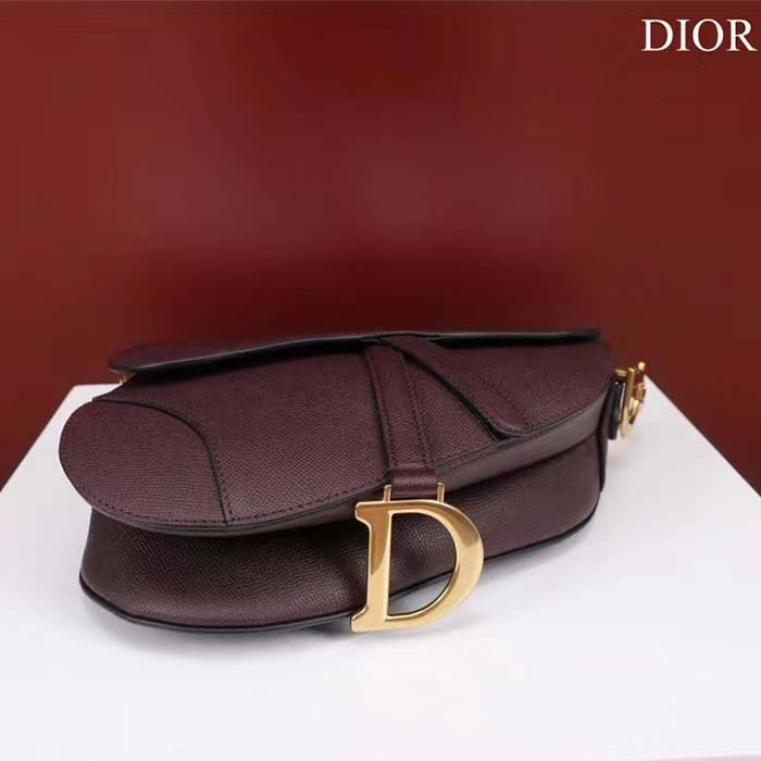 Dior Women CD Saddle Bag Strap Burgundy Grained Calfskin