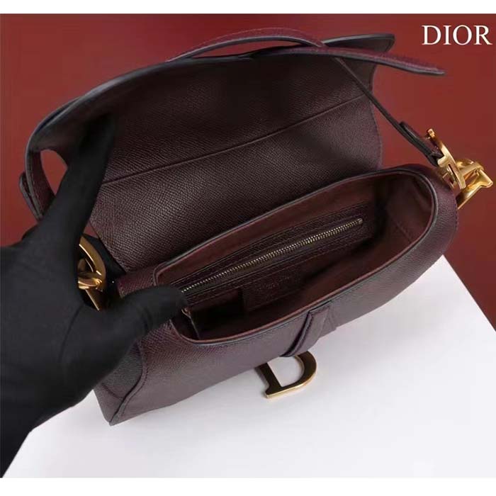 Dior Women CD Saddle Bag Strap Burgundy Grained Calfskin