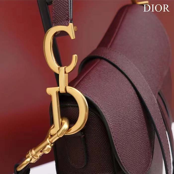 Dior Women CD Saddle Bag Strap Burgundy Grained Calfskin