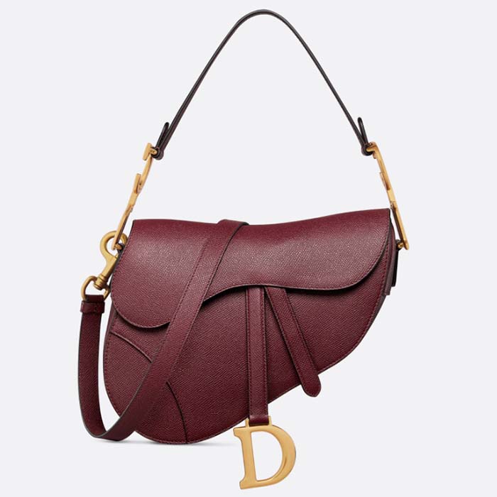 Dior Women CD Saddle Bag Strap Burgundy Grained Calfskin
