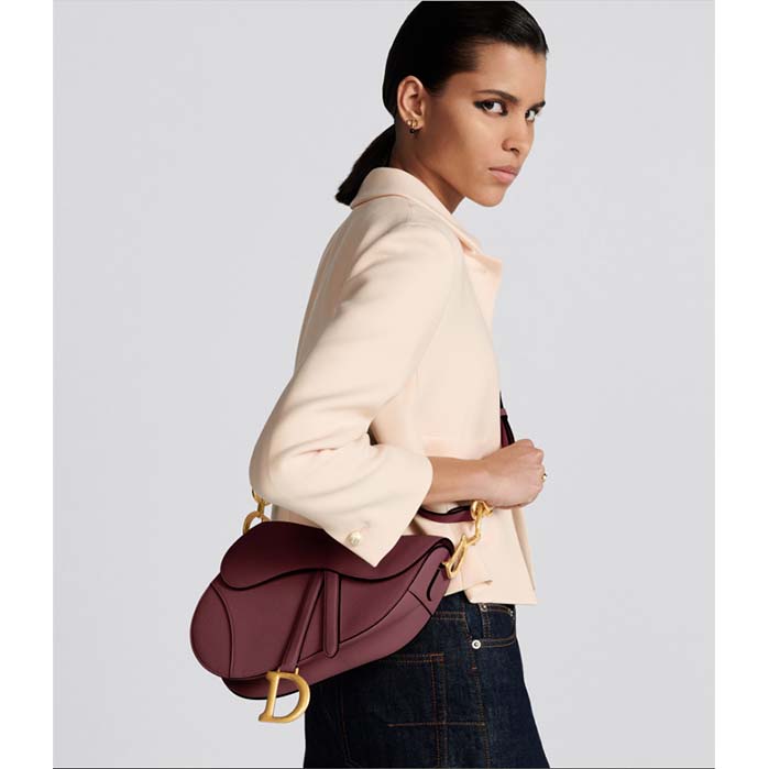 Dior Women CD Saddle Bag Strap Burgundy Grained Calfskin