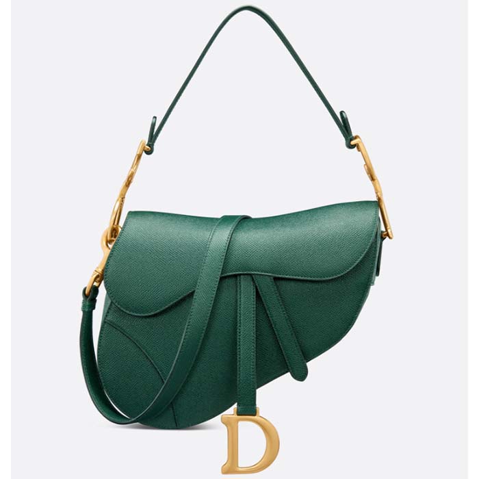 Dior Women CD Saddle Bag Strap Pine Green Grained Calfskin