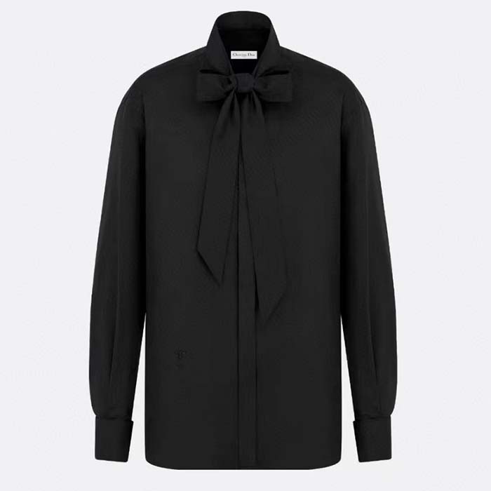 Dior Women CD Shirt Bow Collar Black Cotton Silk Poplin